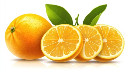 Fresh Orange with Slices and Green Leaves