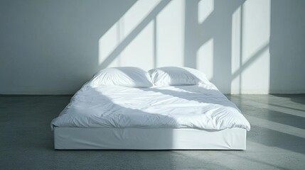 Minimalist bed with sleek design and fresh white bedding in room. Copy space