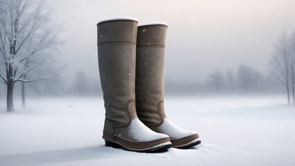Tall winter boots standing in snowy landscape at dawn