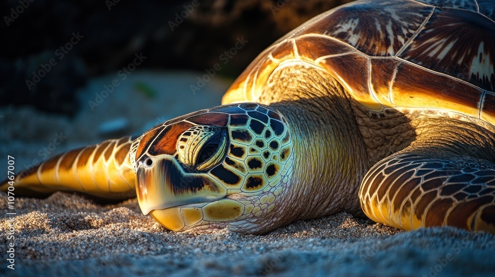Poster a close-up of a resting sea turtle on sandy beach, showcasing its intricate shell patterns.