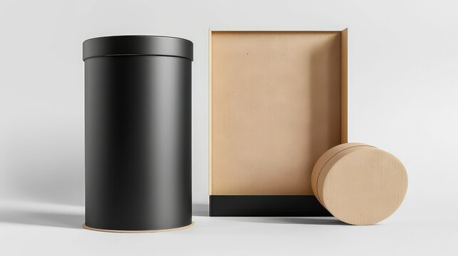 Black Cylinder Container with Wooden Box and Lid