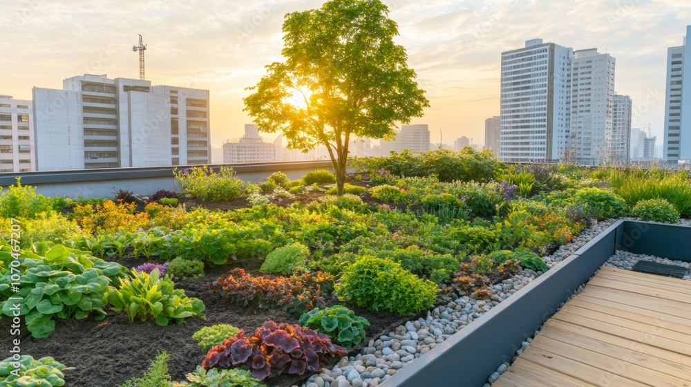 Poster a lush rooftop garden with a tree in the foreground, surrounded by modern buildings and a walkway. t