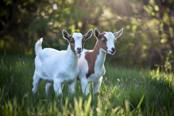 Obraz premium Two young goats stand in a sunlit, lush green meadow