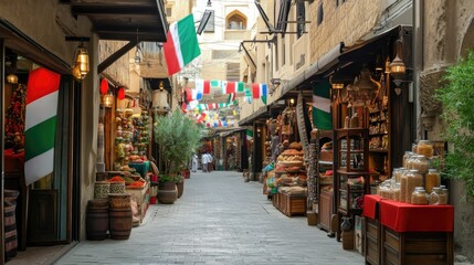 Naklejka premium Old Dubai souk with spices, crafts, and heritage items. Copy space