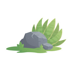 Beach landscape with stone and tropical plant sansevieria on grass isolated on white background. cartoon tropical forest palms icon for game design, templates, prints