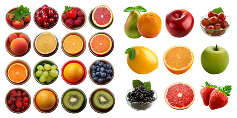 Colorful Assortment of Fresh Fruits in Bowls, PNG collection, set bundle, isolate on transparent or white background