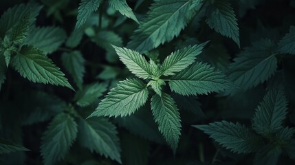 Vibrant green stinging nettle growing wild in nature close up