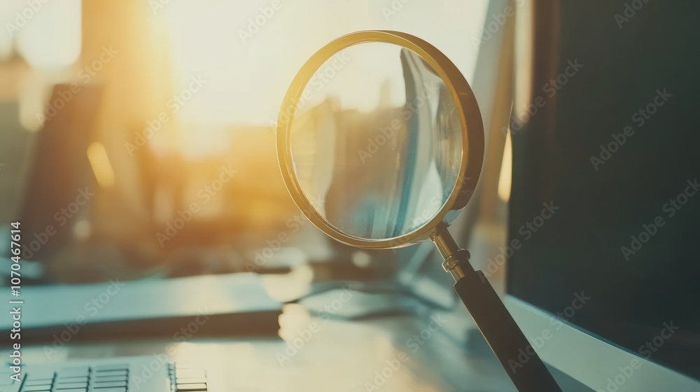 Poster a magnifying glass on a desk with a computer monitor in the background. the sun shines through a win