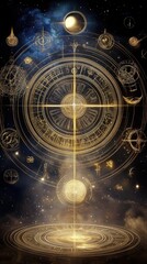 Fototapeta premium Explore the mystical symbolism of sacred coins surrounded by golden standards in cosmic artistry