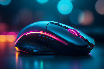 Gaming mouse with RGB lighting on a desk with blurred lights in the background.