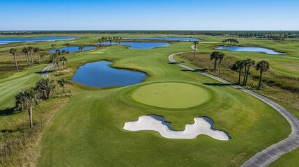 Scenic Aerial View of Golf Course with Water Features