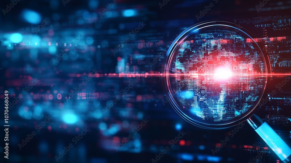 Poster a magnifying glass with a glowing digital globe inside, on a background of blue and red data streams