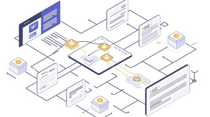 Fototapeta premium A computer network with many different screens and icons. The network is complex and has many different connections