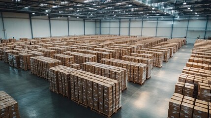 Pallets stacked perfectly in rows in a spacious warehouse, ready for shipping