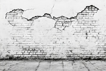 Obraz premium The damaged white brick wall shows significant wear with prominent cracks and peeling paint in a desolate industrial environment, highlighting decay and neglect.