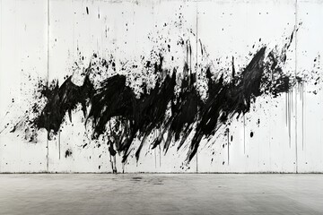 A large, expressive black mural covers a stark white concrete wall. The artwork features dynamic splashes and strokes, showcasing vibrant energy in a minimalist gallery space.