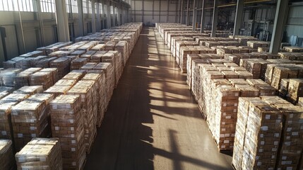 Pallets stacked perfectly in rows in a spacious warehouse, ready for shipping