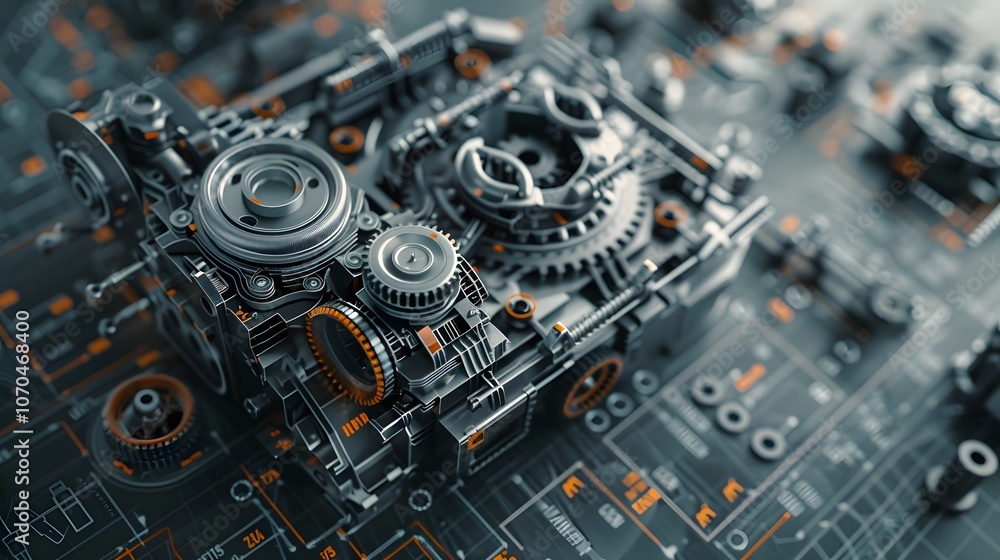 Poster a mechanical device with many gears and bolts. the image is a close up of the gears and bolts, with 
