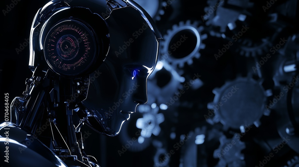 Aufkleber a metallic humanoid robot with blue eyes and a mechanical ear stares directly at the viewer. behind 