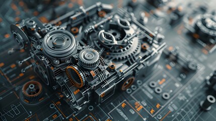 A mechanical device with many gears and bolts. The image is a close up of the gears and bolts, with the focus on the intricate details of the machine. Scene is one of complexity and precision