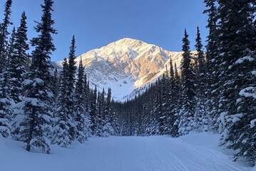 A snow-covered path winds through tall evergreen trees, leading to a majestic mountain peak glistening in the sunlight. The bright blue sky enhances the winter scenery.