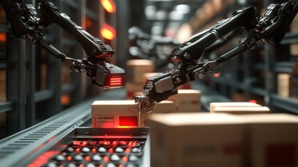 Robot arms sorting packages efficiently in an automated warehouse, ensuring quick delivery