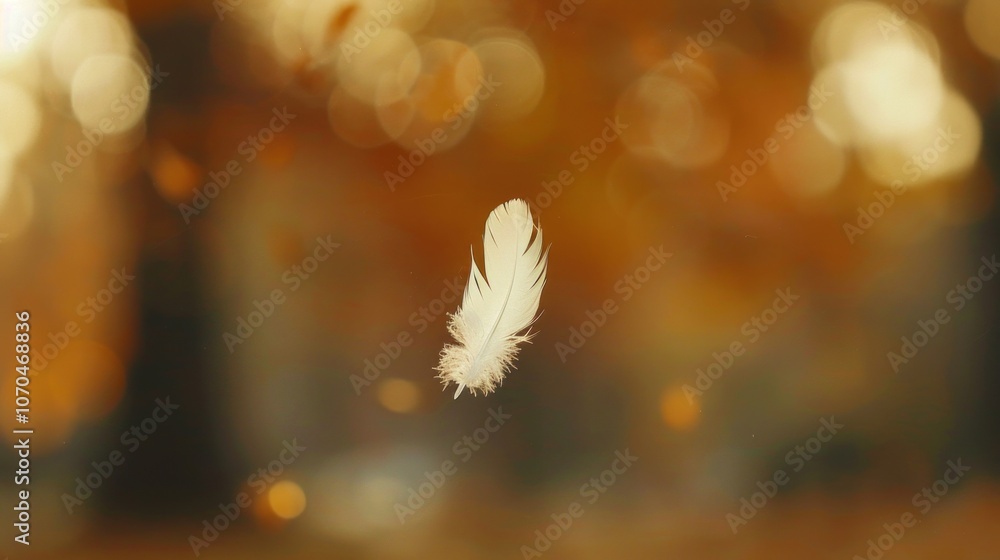 Poster White feather floating in autumn bokeh background with warm hues