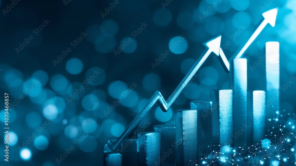 Aufkleber rising graph with arrows on blue background showing growth and progress.