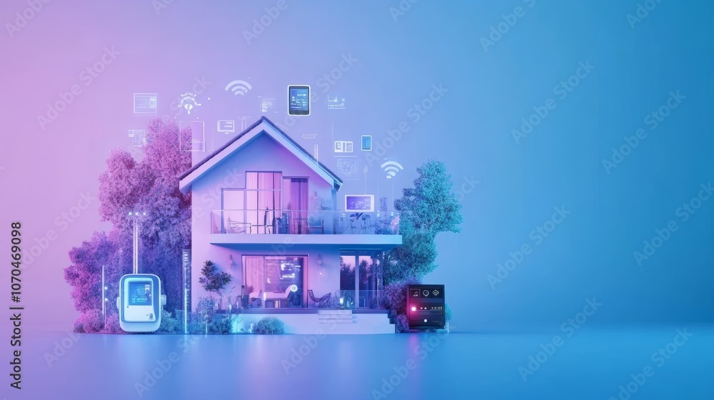 Poster a modern house with a futuristic design with glowing neon lights on a blue and pink background. 3d r