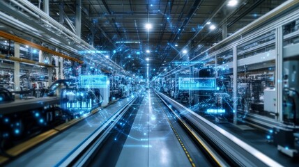 A modern factory with digital network connections and data visualization for smart manufacturing and Industry 4.0 concept.