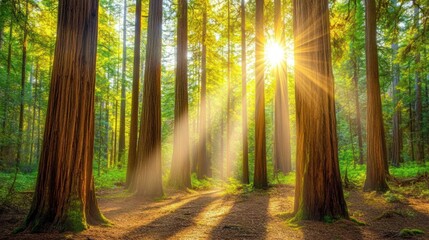 Obraz premium An old-growth forest with towering redwoods and dappled sunlight