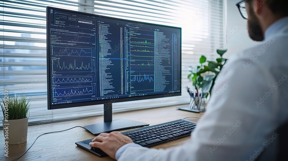 Poster data analysis on computer screen in office setting