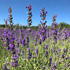 Naklejka premium A beautiful field of blooming lavender flowers under a bright blue sky, creating a calming and aromatic landscape