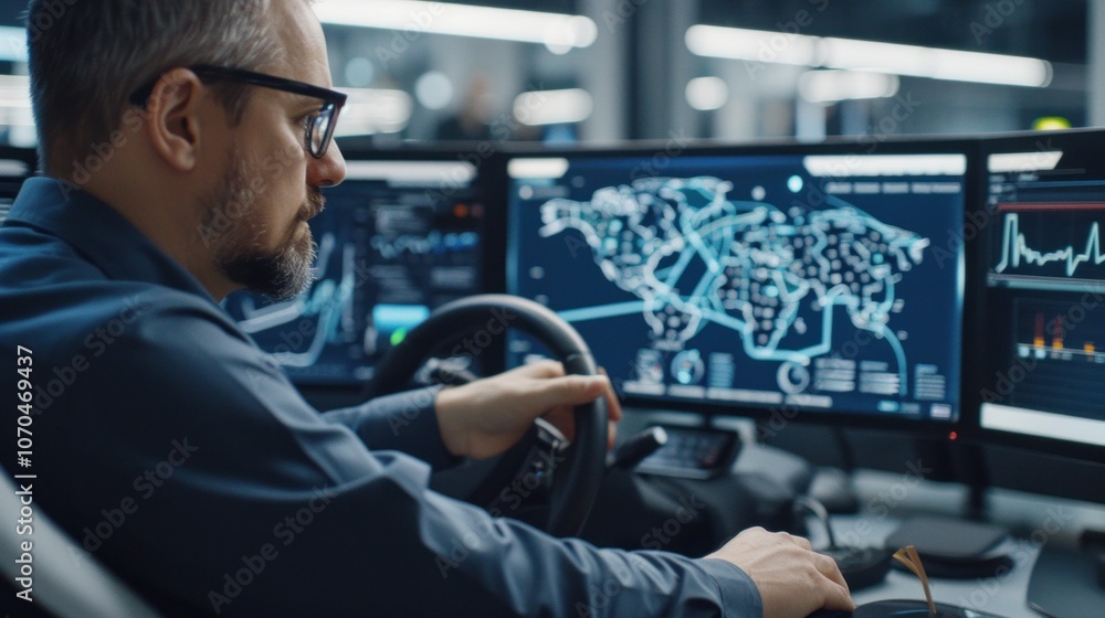 Aufkleber autonomous vehicle engineer testing an ai-controlled car in a tech lab, with digital maps on screens