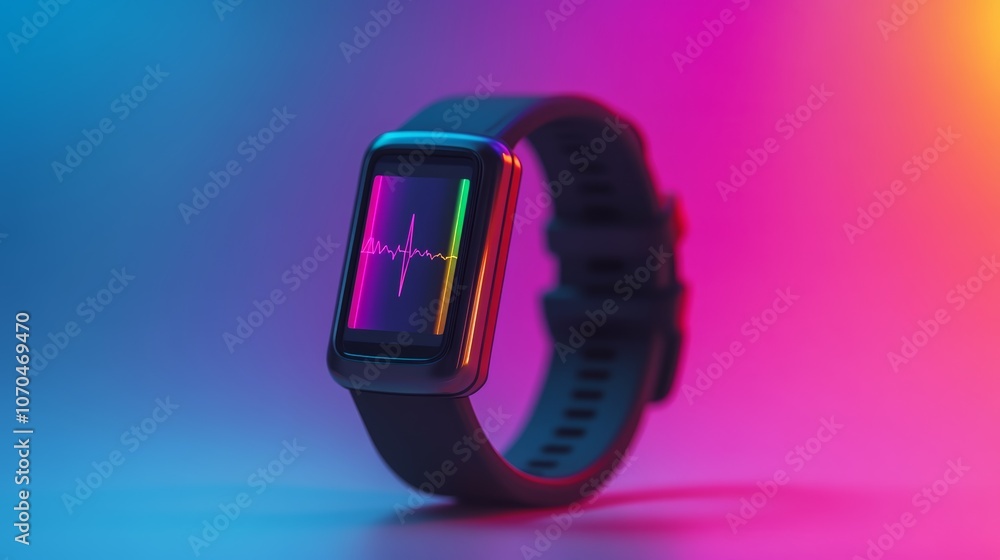 Poster a modern smartwatch with a heart rate monitor display on the screen. the watch is set against a colo