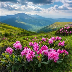 Obraz premium Pink rhododendron flowers in the Carpathian mountains