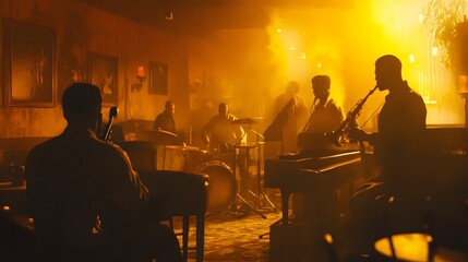 A jazz band performing in a smoky jazz club, captured in a medium shot.