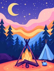 Colorful night campfire scene with tent under starry sky and crescent moon