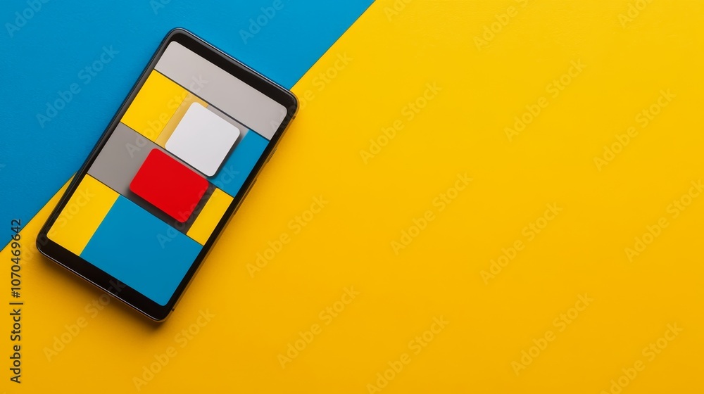 Poster a modern tablet with a colorful app interface lies on a yellow surface with copy space.