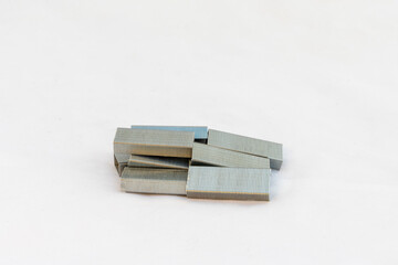 Metal staples isolated on a white background with copy space.