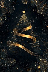 The beautifully adorned Christmas tree stands out with its striking golden ribbon and shimmering lights, surrounded by festive decorations in a dark setting.