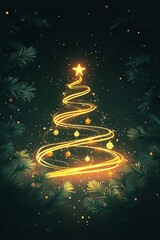 The beautifully illuminated Christmas tree features swirling lights and ornaments, creating a magical atmosphere amidst lush green branches on a winter evening.