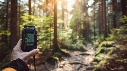 Exploring nature with GPS: navigating forest trails under sunlit canopy