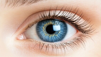 Obraz premium Caucasian human eye captures intricate details with a focus on the iris and pupil, providing ample copy space for text integration and creative use.