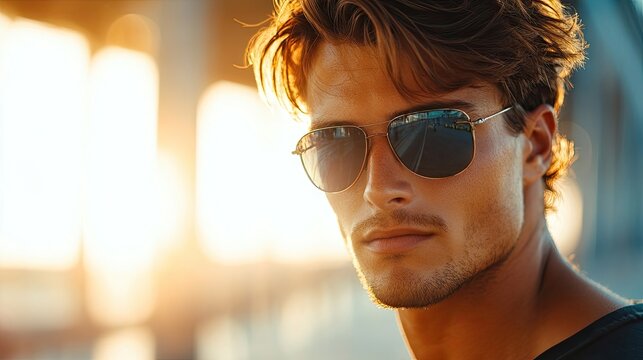 Handsome roller blader in an urban setting, glancing at the camera. The roller blader embodies a vibrant summer style, perfect for capturing the essence of summer fun. Photo includes copy space.