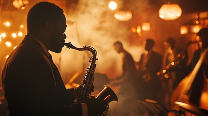 A jazz band performing in a smoky jazz club, captured in a medium shot.