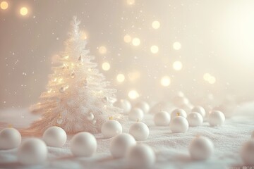Delicate white lights reflect off a small, decorated tree surrounded by snow-like ornaments, creating a tranquil holiday atmosphere in a softly lit room.