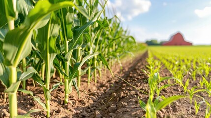 Vibrant green cornfield with rows of crops and red barn in the distance