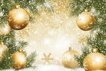 Delicate golden ornaments hang from lush evergreen branches while snowflakes gently fall, setting a cheerful holiday mood for celebrations.