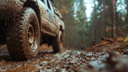Fototapeta premium Off-road adventure: muddy trail exploration with rugged SUV in forest